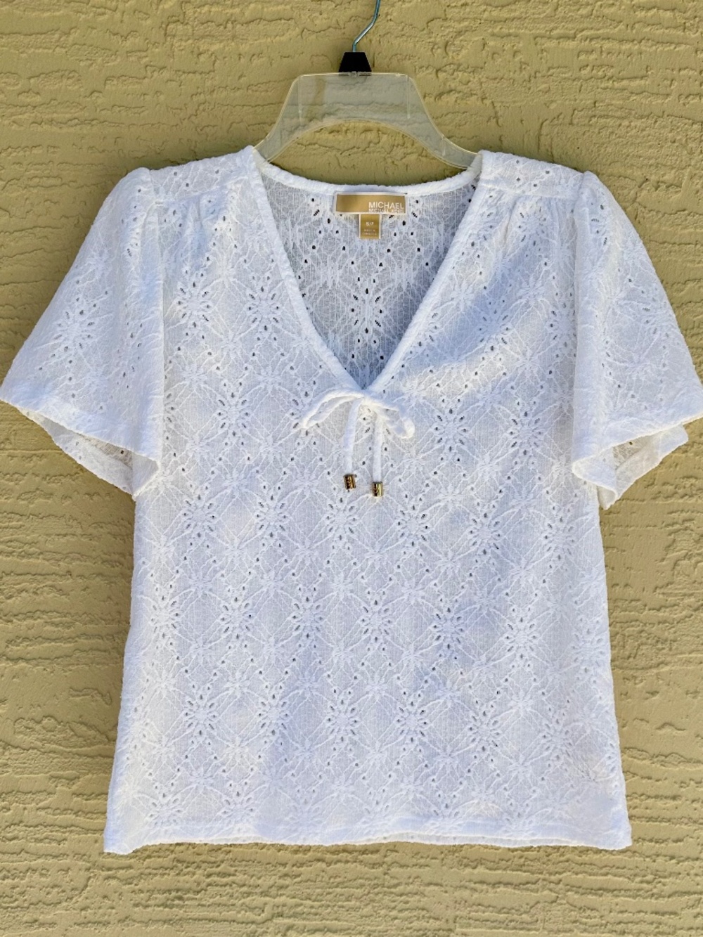 Michael Kors White Cotton Eyelit Tie-Front Blouse, Size SP